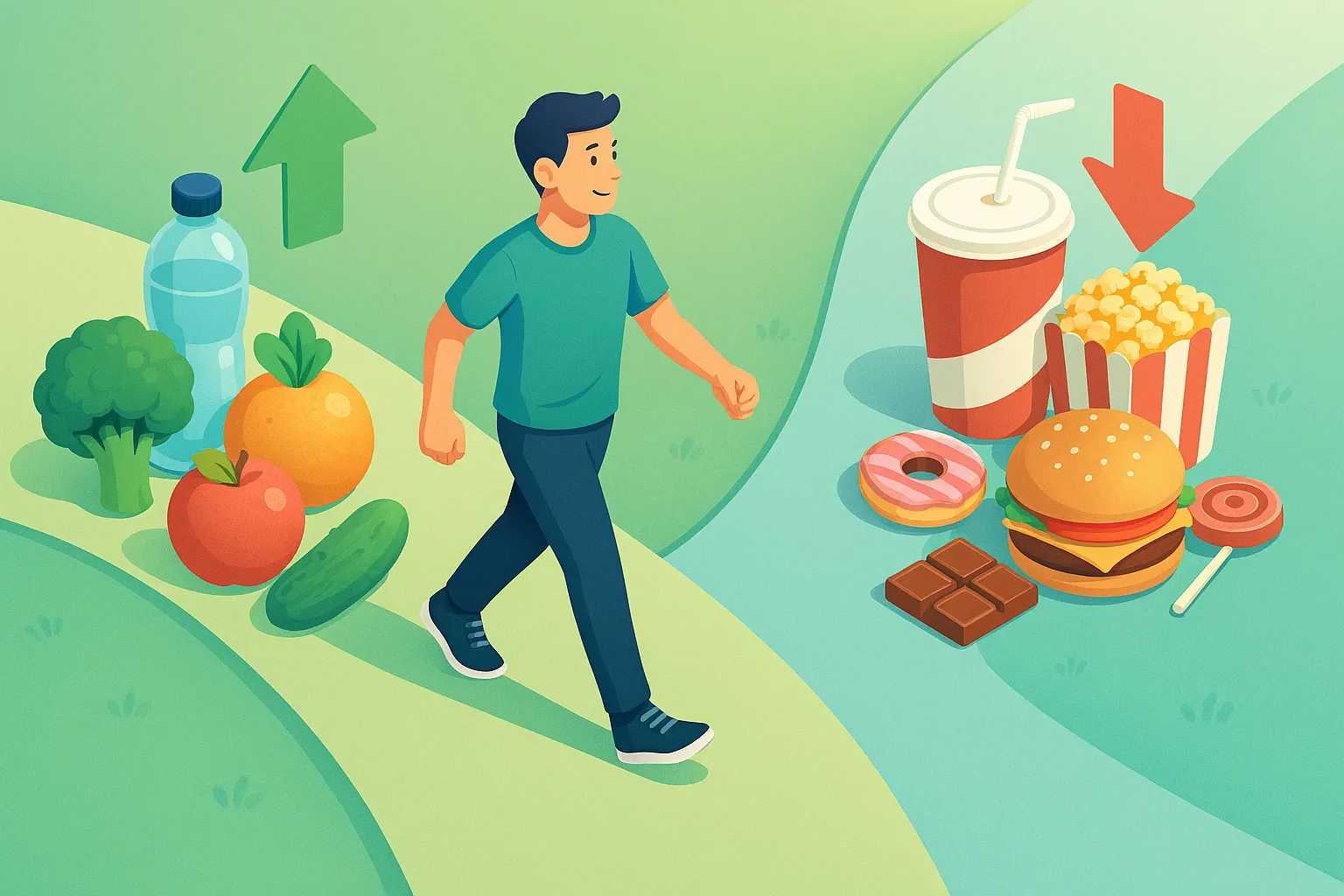 تصویر ایزومتریک فردی که مسیر سبک زندگی سالم را انتخاب می‌کند؛ شامل میوه‌ها، سبزیجات و آب در مقابل خوراکی‌های ناسالم، مناسب برای مقاله مدیریت وزن.