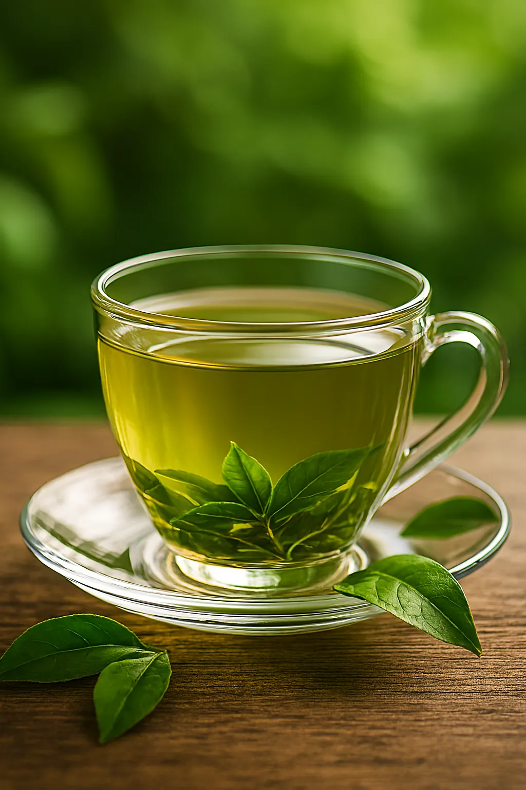 لیوان چای سبز لاغری با برگ‌های تازه چای در پس‌زمینه طبیعی