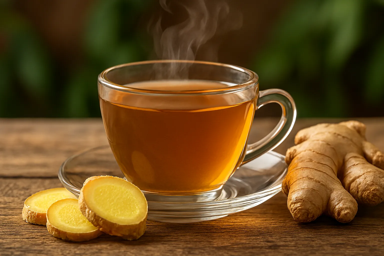 فنجان دمنوش زنجبیل برای لاغری با بخار گرم و برش‌های تازه زنجبیل