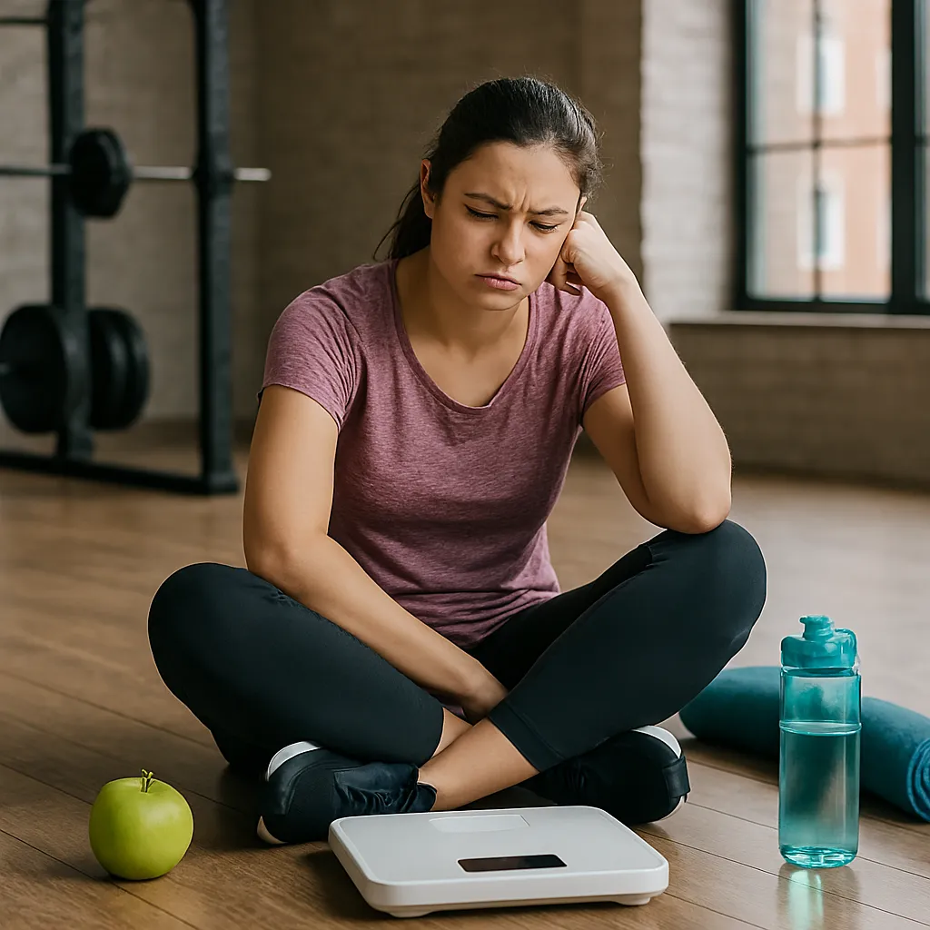 زن ناامید از توقف کاهش وزن در باشگاه، نشسته کنار ترازو و بطری آب