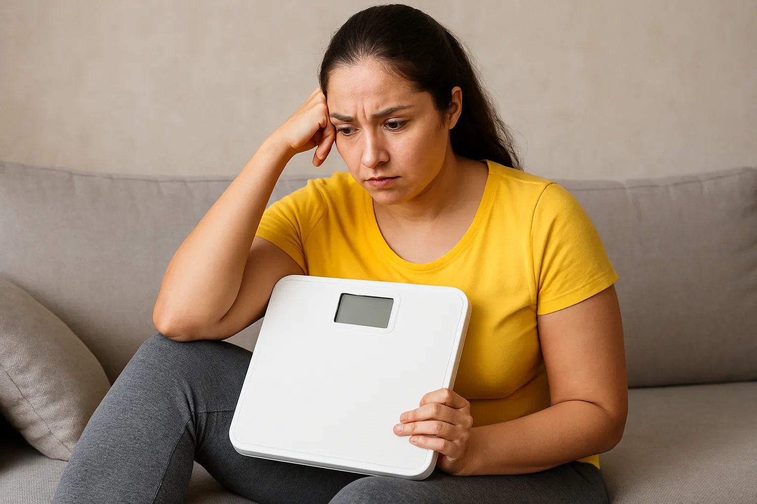 زن ناراضی از توقف کاهش وزن، نشسته روی مبل با ترازو در دست