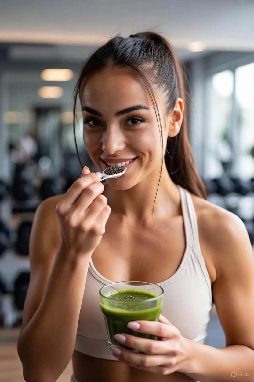 دختر ورزشکار در حال نوشیدن اسموتی چیا — انرژی پایدار و تأثیر چیا در تناسب اندام