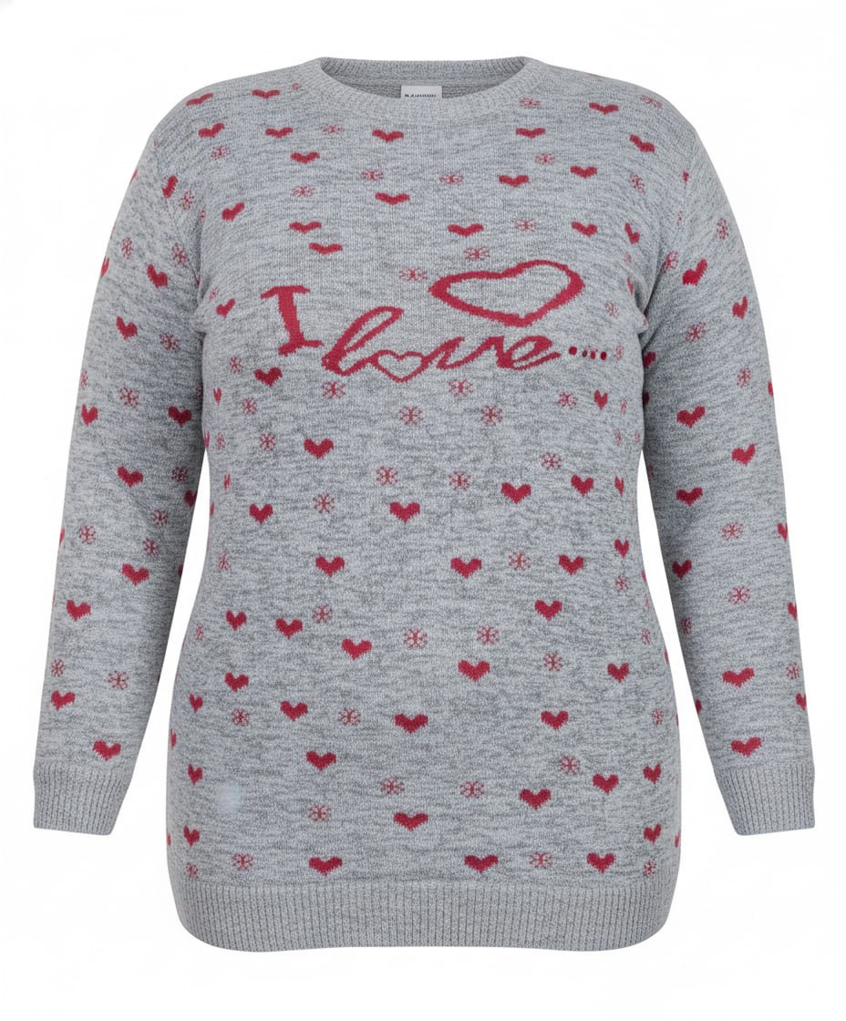 بافت قواره دار زنانه طوسی روشن با طرح قلب برجسته