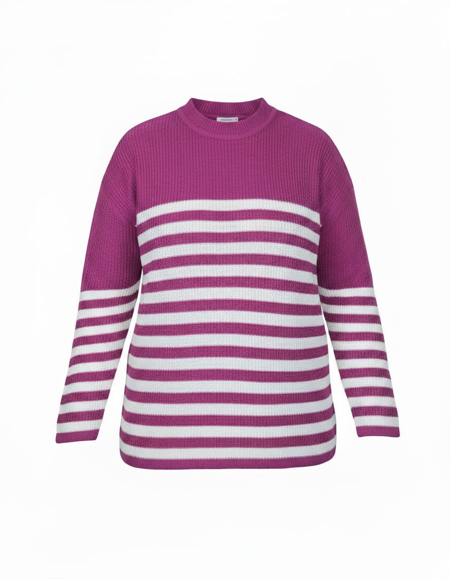 مدل بافت قواره دار زنانه راه راه رنگ بنفش بر تن مدل سایز بزرگ