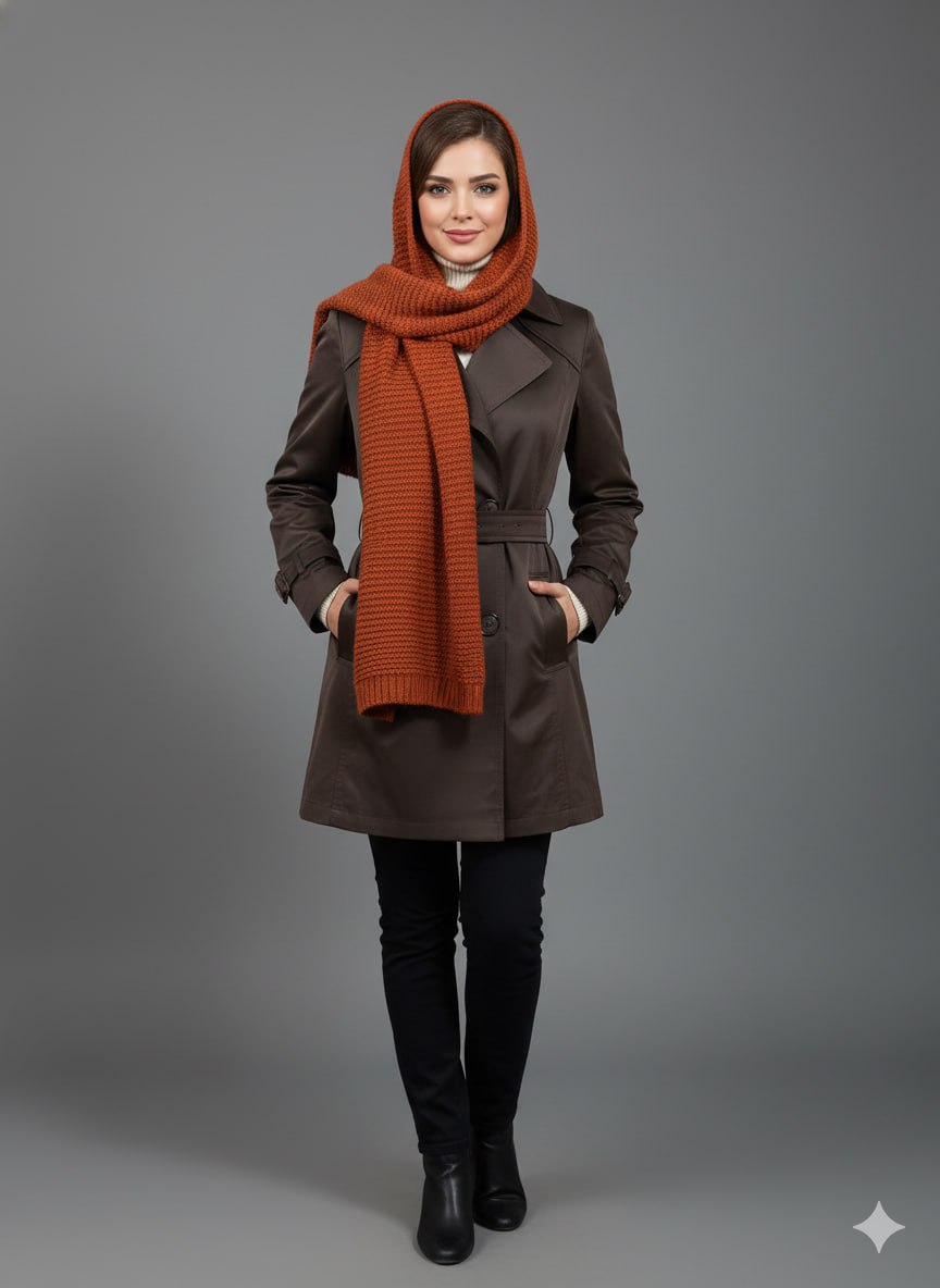 نمای رو به رو بارونی کوتاه زنانه آستردار قهوه‌ای