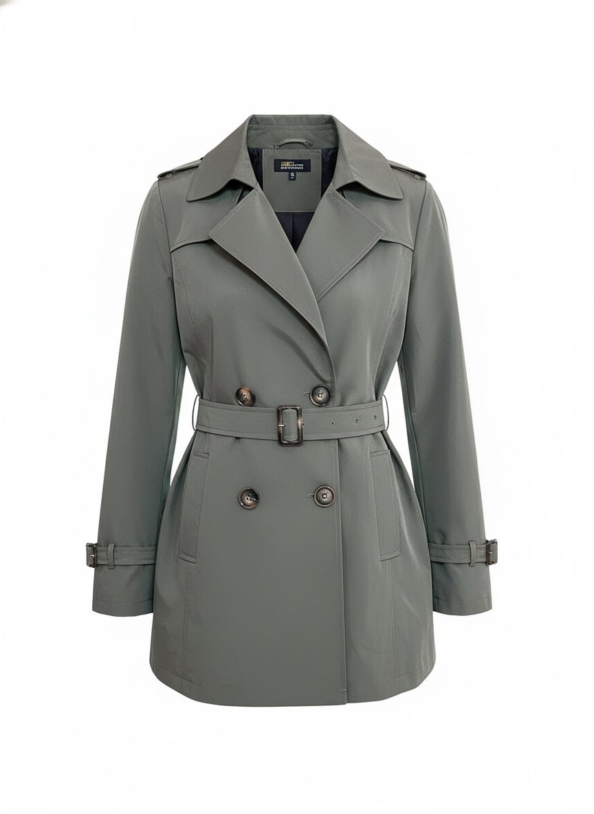 استایل روزمره با بارونی کوتاه زنانه سبز رنگ