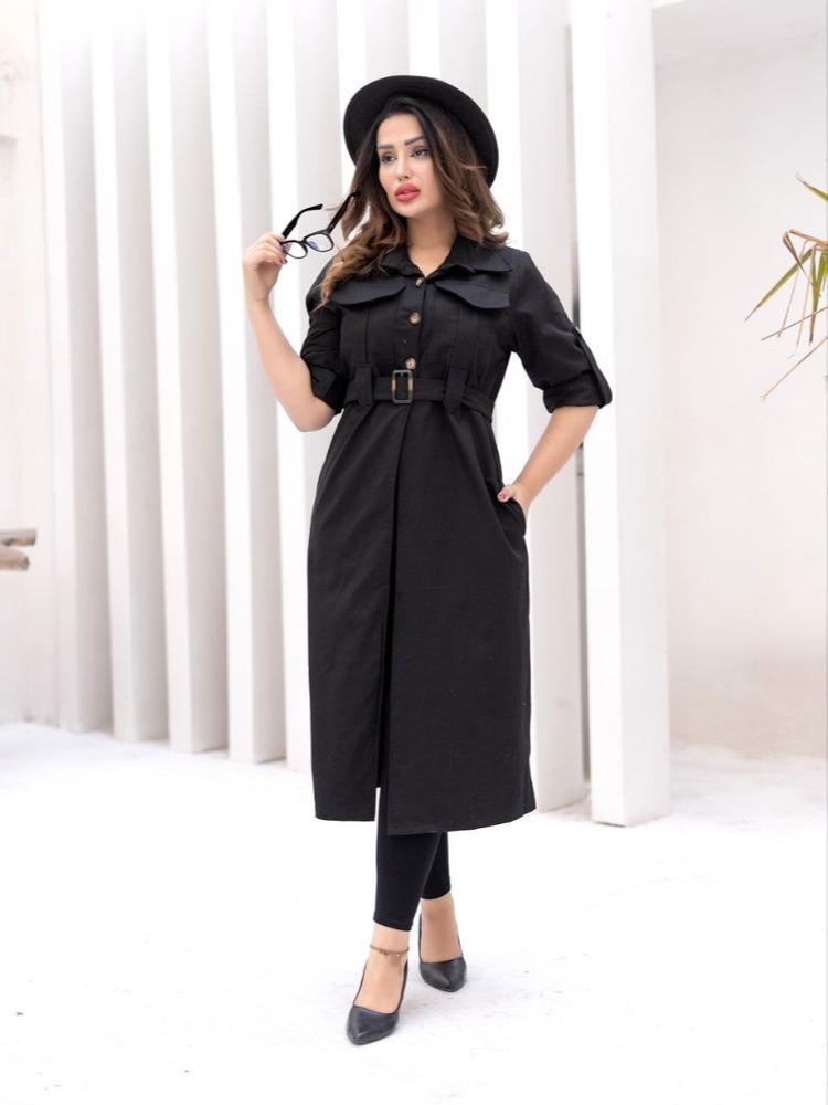 بارونی بلند زنانه کمربند دار مشکی جنس کتان