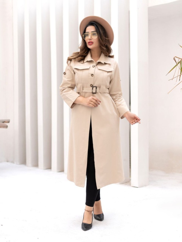 بارونی بلند زنانه کمربند دار رنگ کرم مدل جدید