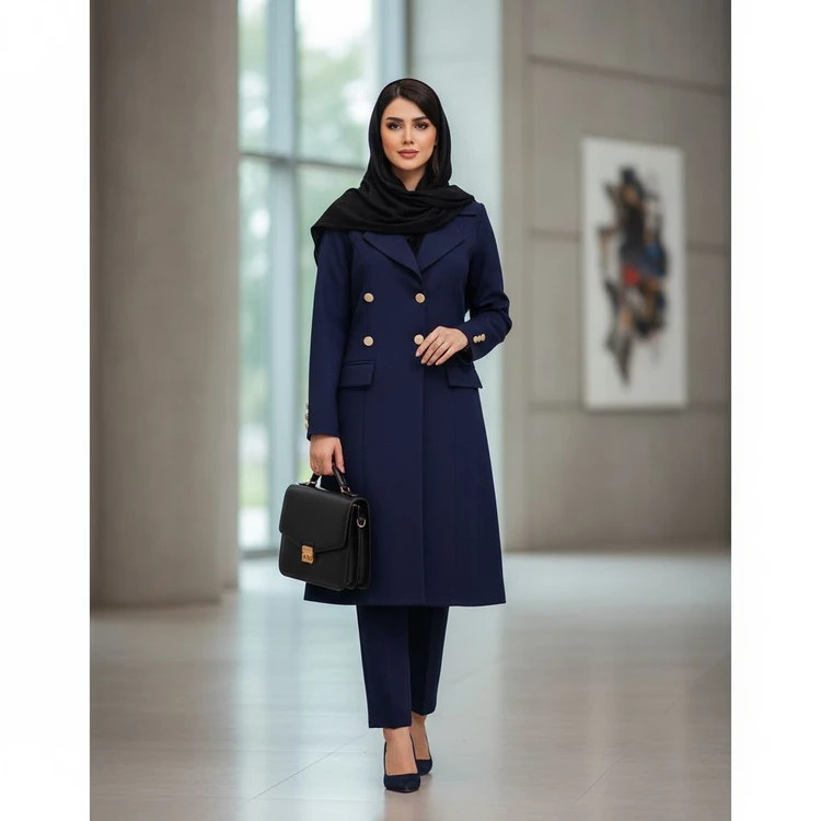 مانتو شلوار اداری زنانه ۴ دکمه ساده سرمه ای با پارچه مقاوم و طراحی شیک