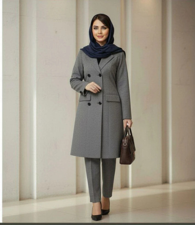 مانتو شلوار اداری زنانه ۶ دکمه ساده طوسی مناسب محیط کار و جلسات اداری