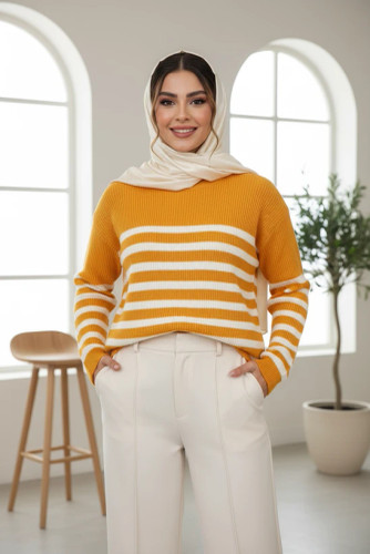 بافت زنانه راهراه زرد با رنگ روشن و انرژیبخش مناسب فصل زمستان