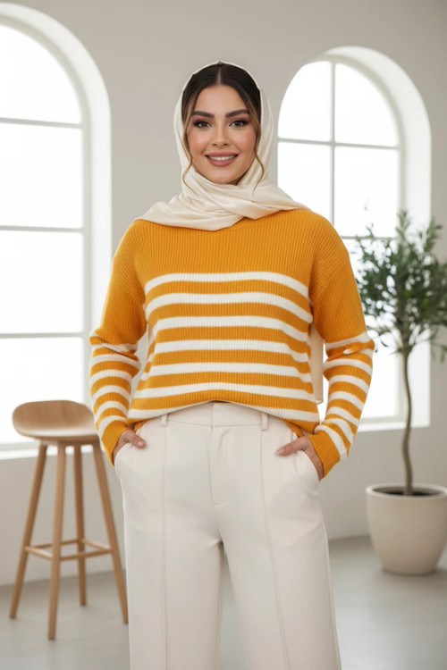 بافت زنانه راهراه زرد با رنگ روشن و انرژیبخش مناسب فصل زمستان