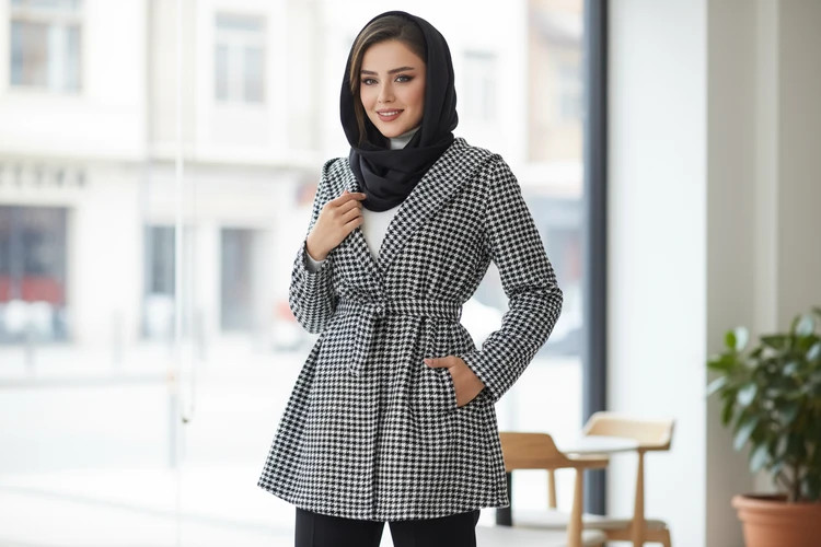 پالتو بلند زنانه پیچازی سفید مشکی با طراحی کلاسیک و مناسب استایل رسمی