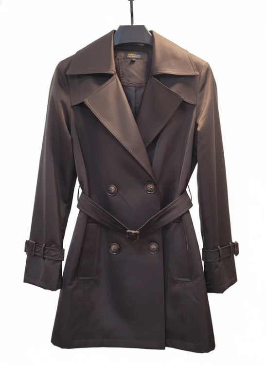 مانتو بارانی زنانه آستردار قهوهای با طراحی خاص و مناسب محیط کار و دانشگاه